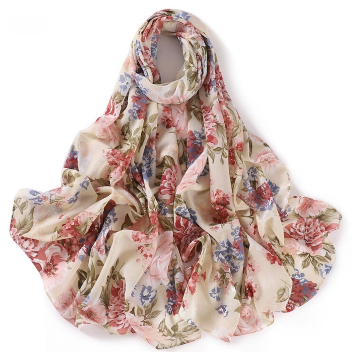 Cream Pink and Blue Floral Hijab - Divinity Collection