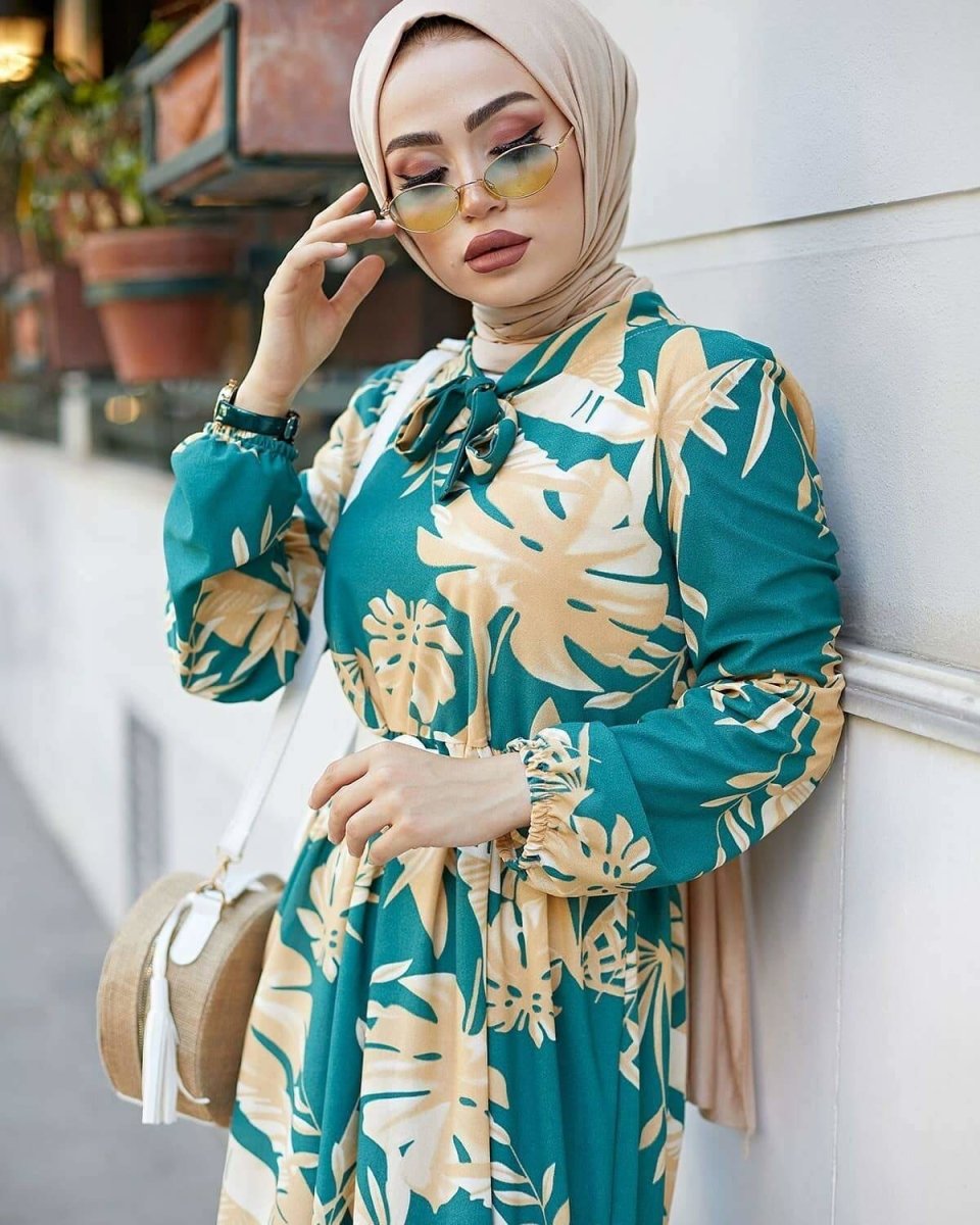 Turquoise and Beige Floral Dress... - Divinity Collection
