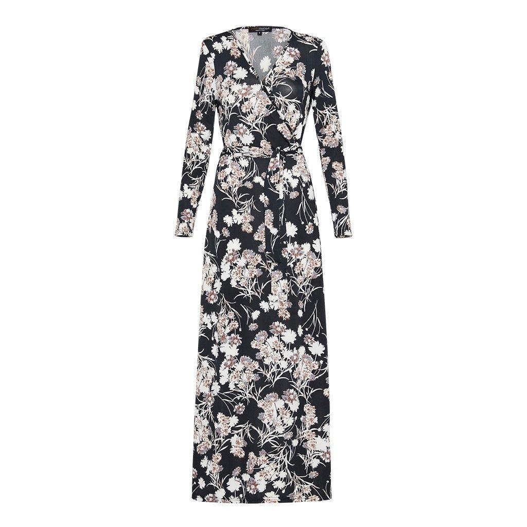 Black and Cream Floral Wrap Dress - Divinity Collection