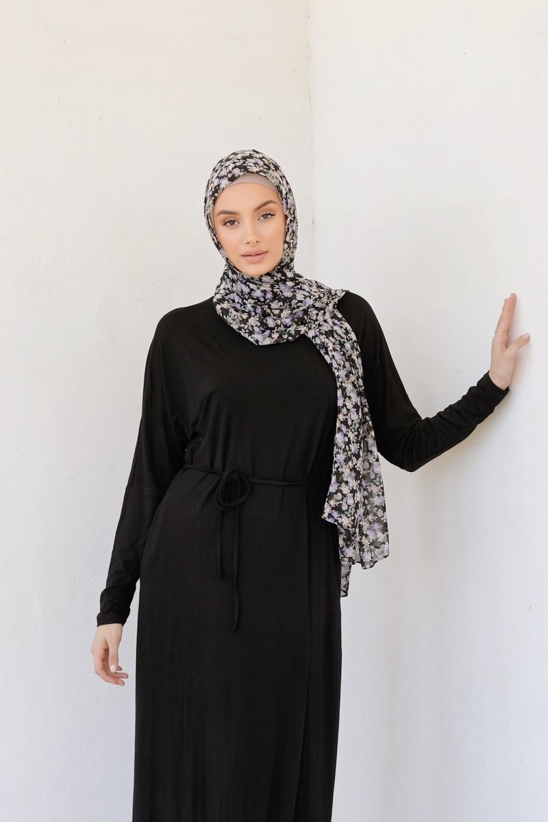 Black and Lavender Garden Floral Hijab - Divinity Collection