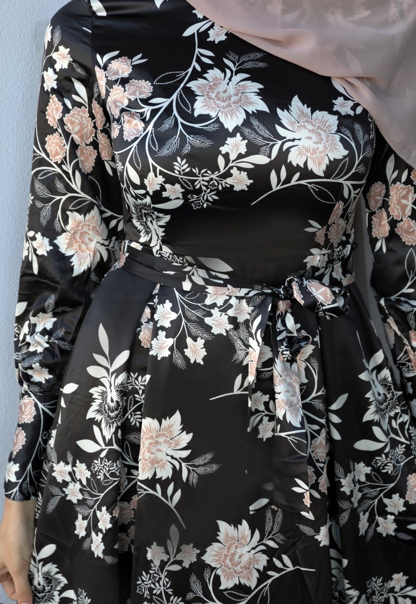 Black and Nude Floral Satin Dress - Divinity Collection
