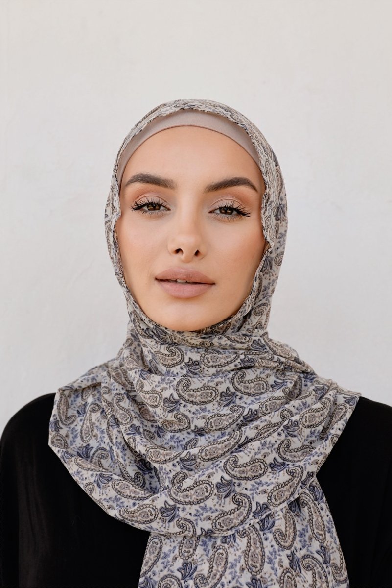 Creamy Nude and Blue Paisley Hijab - Divinity Collection