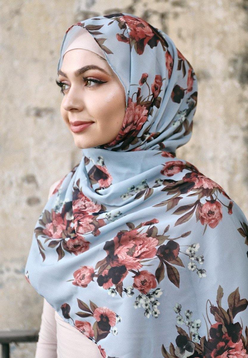 Light Blue and Brown Digital Floral Hijab - Divinity Collection