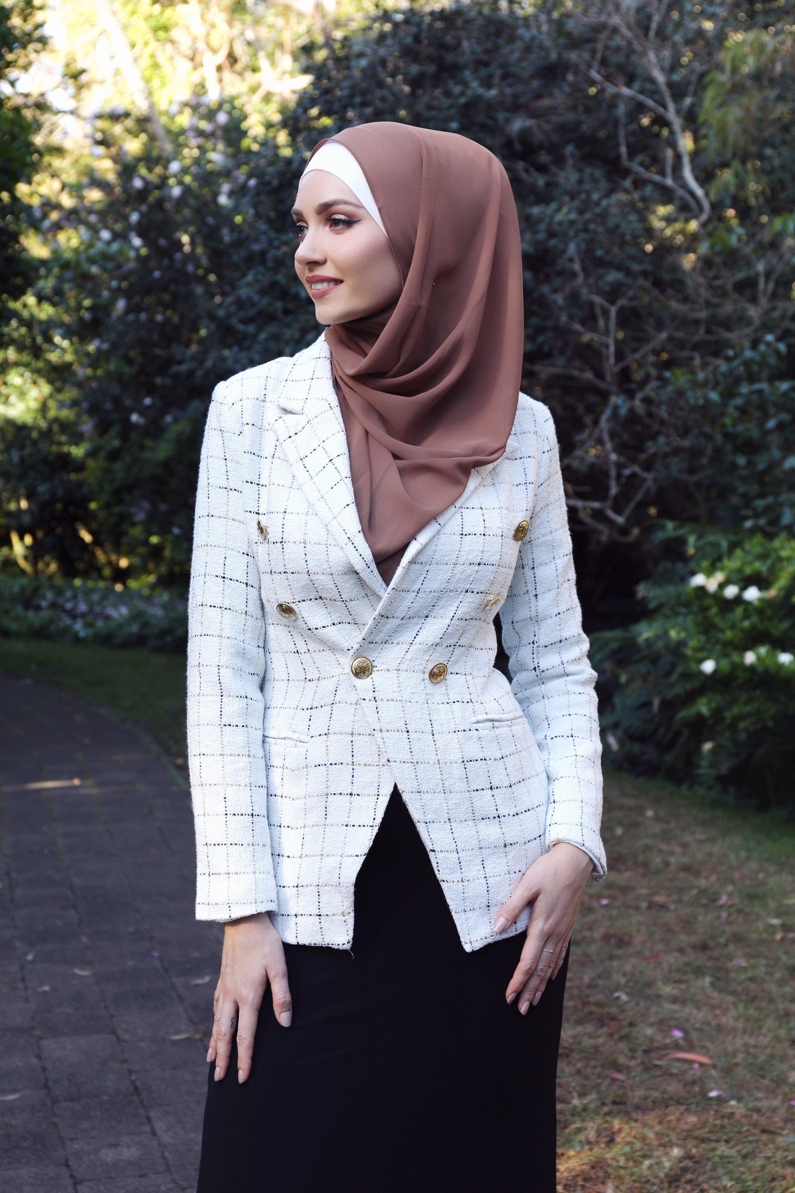 Off White and Gold Tweed Checked Blazer with Gold Buttons - Divinity Collection