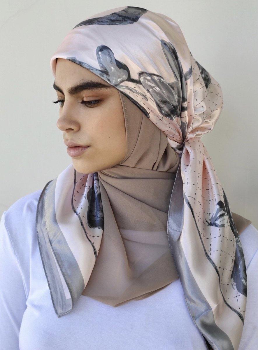 Peach and Grey Rose Square Satin Silky Scarf - Divinity Collection